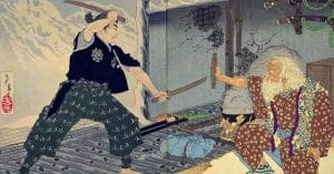 Miyamoto Musashi combattant Tsukahara Bokuden peinture de Yoshitoshi