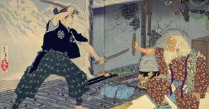 Miyamoto Musashi combattant Tsukahara Bokuden peinture de Yoshitoshi